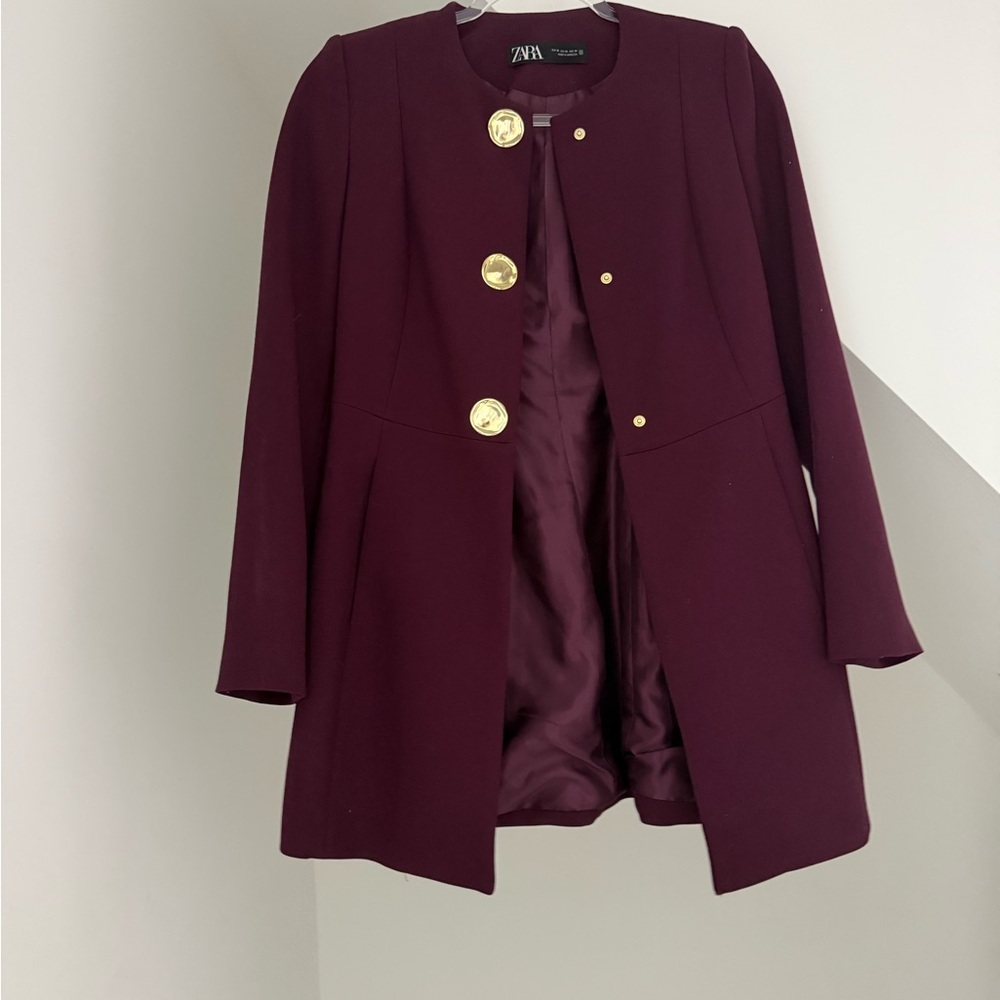 Zara Women's Deep Burgundy Blazer with Gold Accents